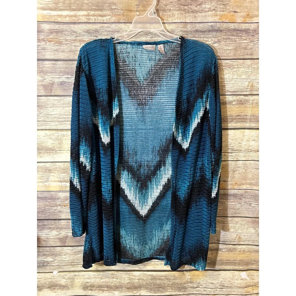 Chico's Easywear Teal Black Chevron Knit Open Front Cardigan Sweater Size 2 L 12
